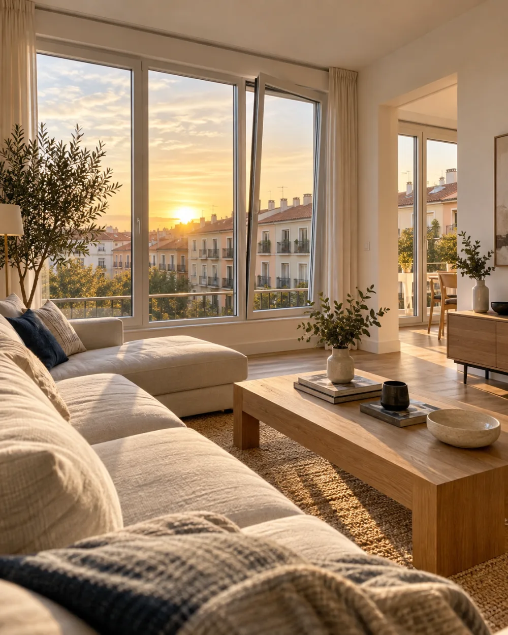 Vivienda reformada con grandes ventanales iluminados al atardecer